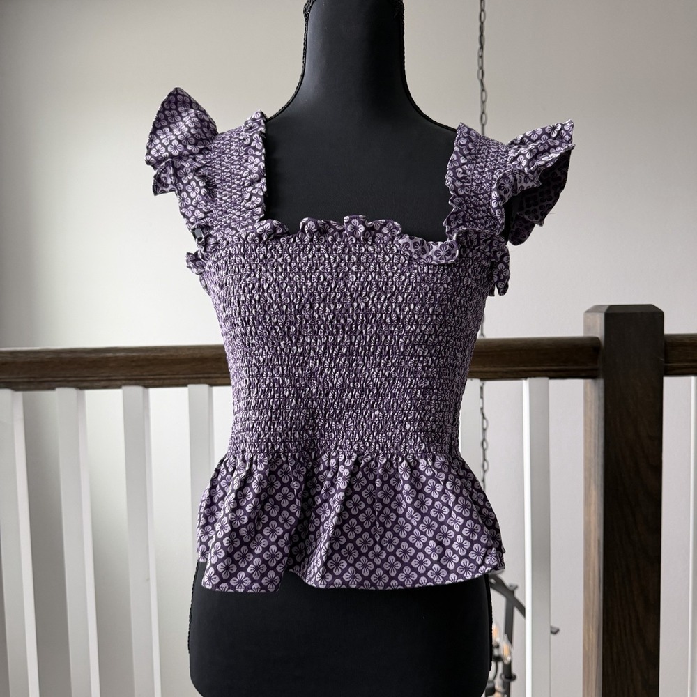 Hill House Smocked Paz Nap Top Purple Floral Romantic Cottagecore Medium Ruffle